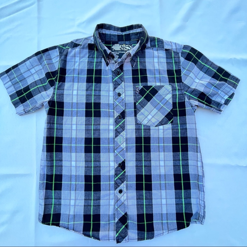 NSS Plaid Dress Shirt Boys Large Black/Grey/Green Short Sleeve Button Down